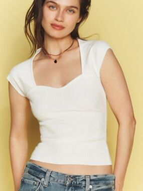 White Ribbed Cap-Sleeve Knit Top
